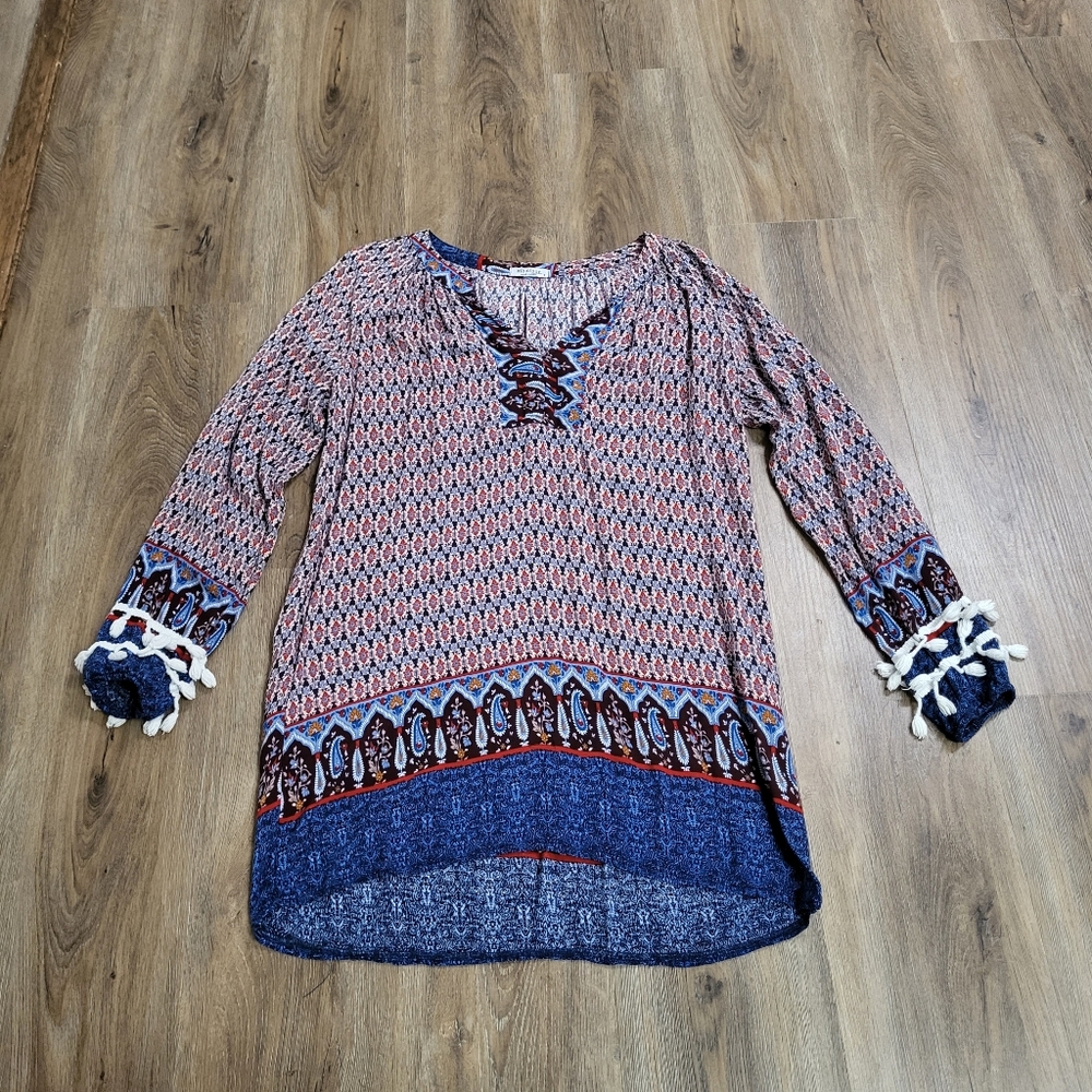 Meaneor Women's Boho Long Sleeve V-Neck Top Size Small Tassle Tunic Cotton